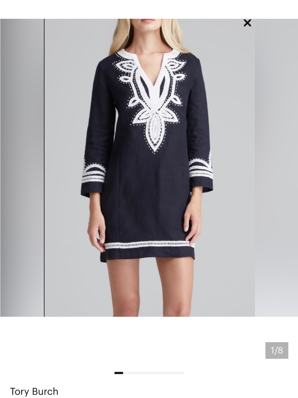 Tory Burch Linen Navy Dress Tunic with White Embroidery